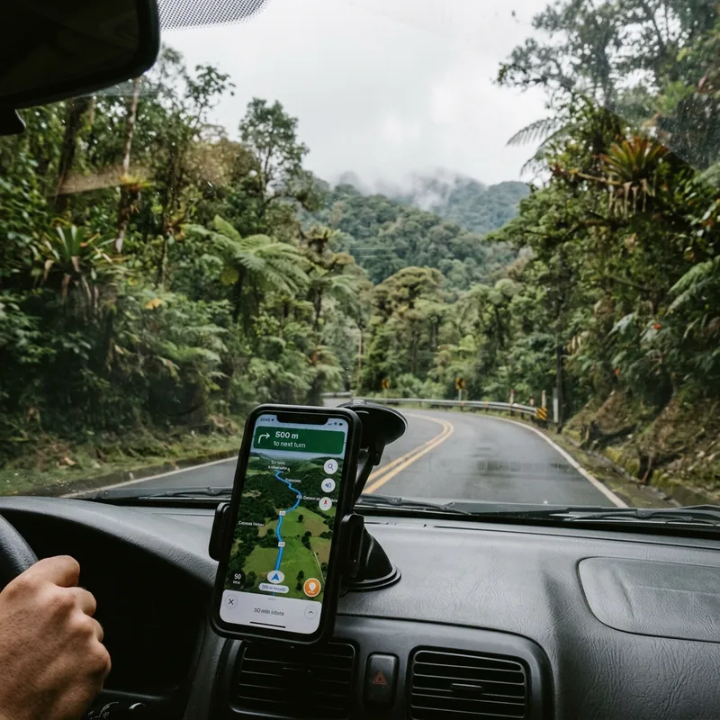 Phone mounted on a car dashboard showing a navigation map on a winding Costa Rican mountain road