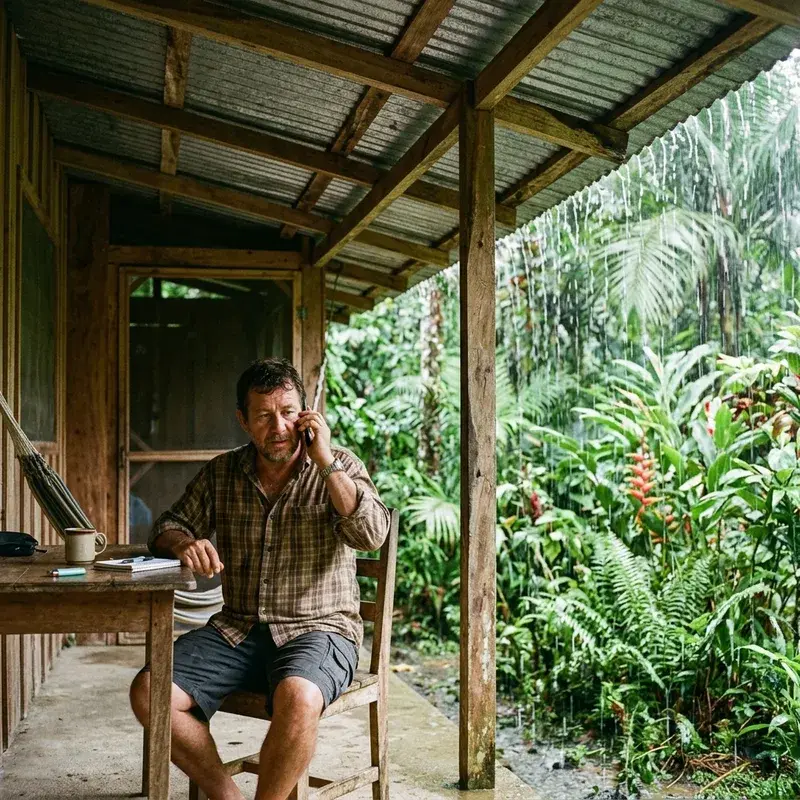 Traveler on a phone call under a tin roof while rain falls on a jungle lodge porch