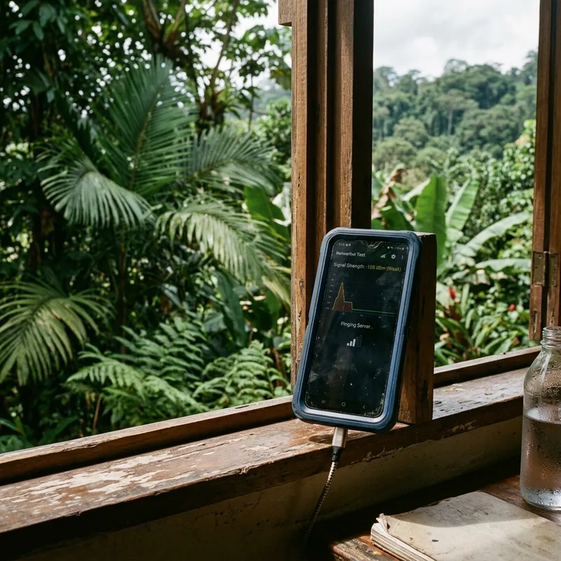 Phone propped on a hostel windowsill running a signal test with jungle visible outside