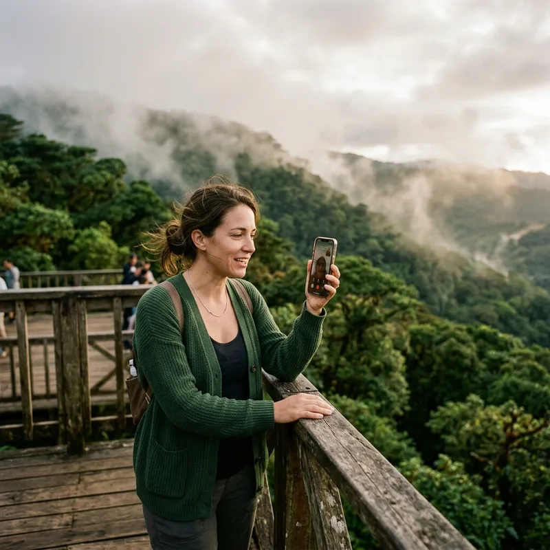 Traveler on a video call from a wooden deck above the Monteverde cloud forest