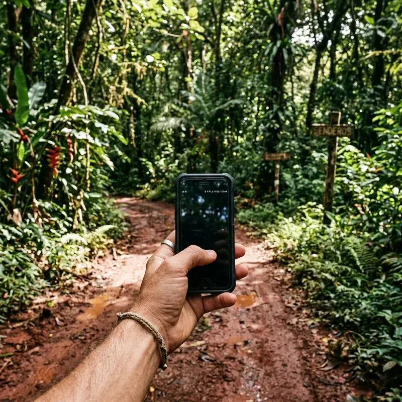 Hand holding a phone with a single bar of signal on a dirt road through Costa Rican rainforest