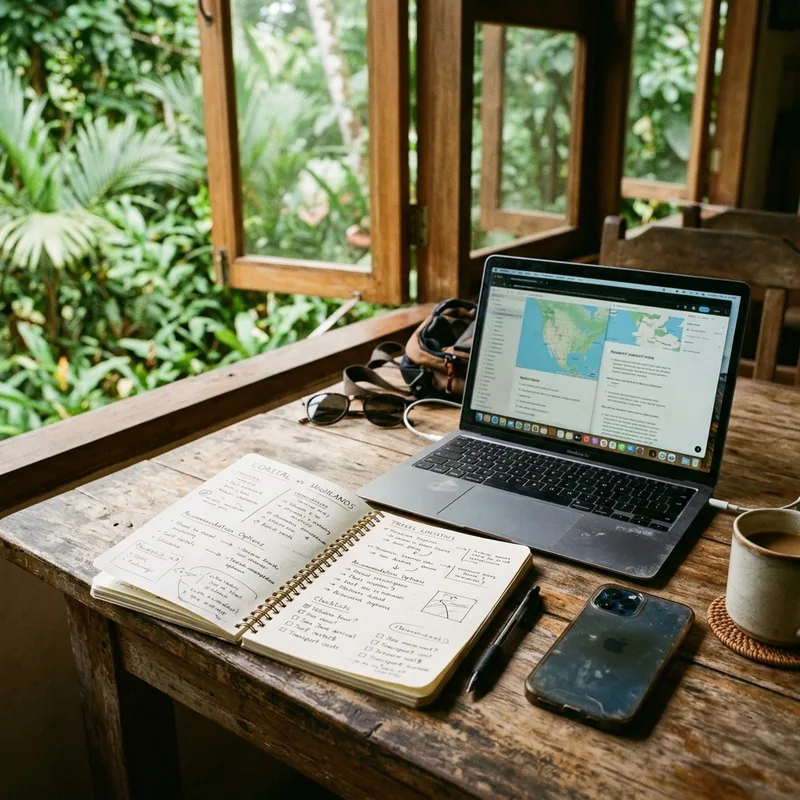 Notebook, phone and laptop with a plan comparison spreadsheet on a wooden table