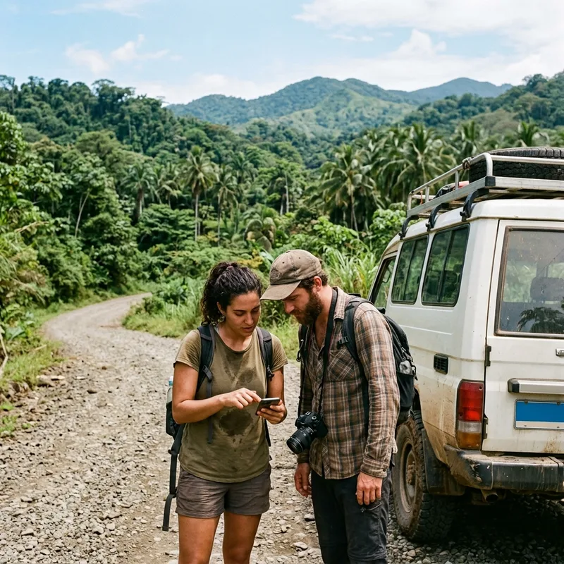 Two travelers checking a phone map on a gravel road beside a rented 4x4