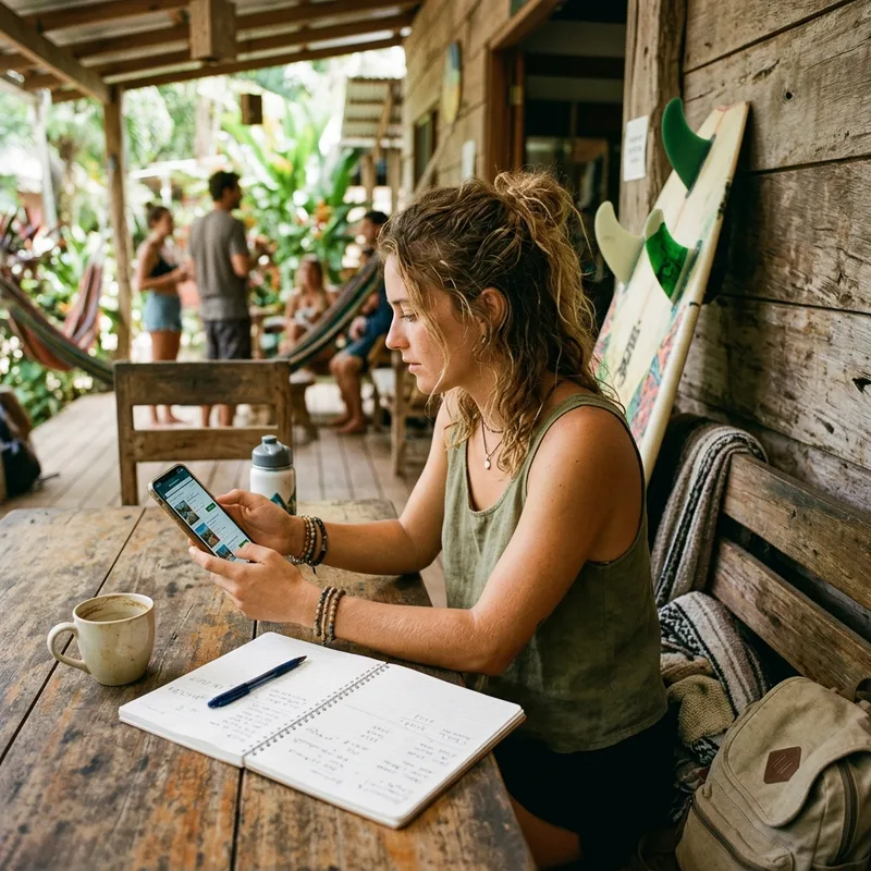 Backpacker comparing eSIM prices on a phone at a hostel table in Costa Rica